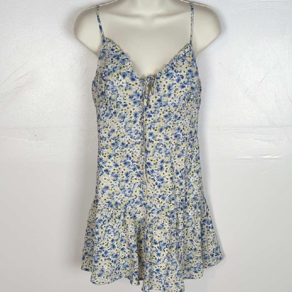La Hearts Blue, White & Yellow Floral Tie-Front Spaghetti Strap Mini Dress